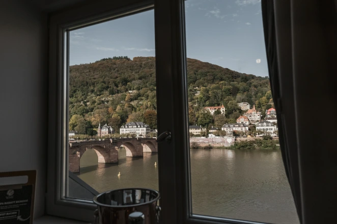 Rent apartments in Heidelberg. View from the BS Suites window of the Neckar and Old Bridge.